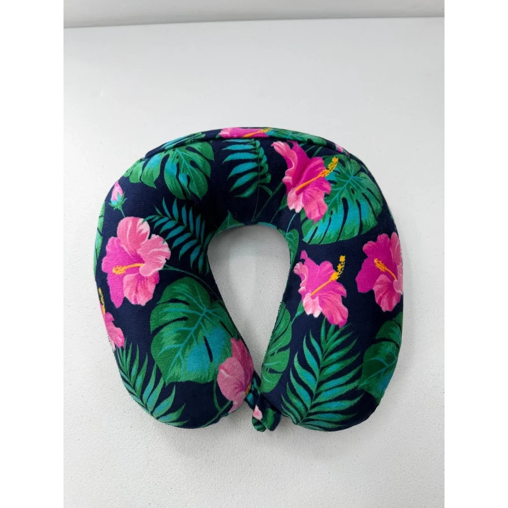 Tropical Floral Travel Neck Pillow Hibiscus Palm Leaf Navy Blue Snap Support OS